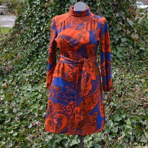 Vintage 60s-70s Blue And Orange Long Sleeve Dress